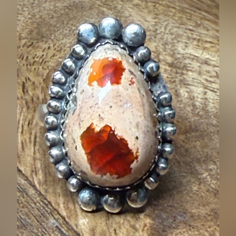 ✨ Sterling Silver Red Mexican Opal Ring – Teardrop Cabochon